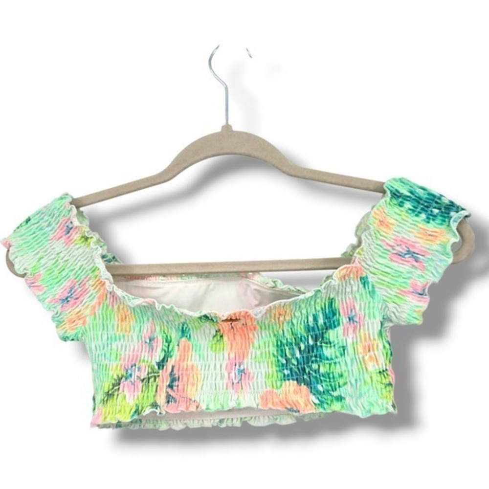 Victoria's Secret PINK Smocked Crop Top Floral Off Shoulder Ruffle Swim Top